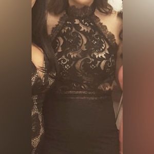 Evening gown, long black dress, lace detail at top, size small.